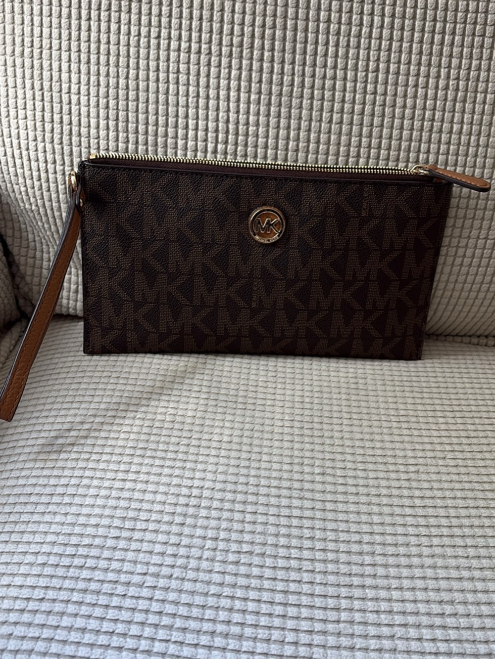 Michael Kors Brown Signature MK Wristlet with Gold Emblem